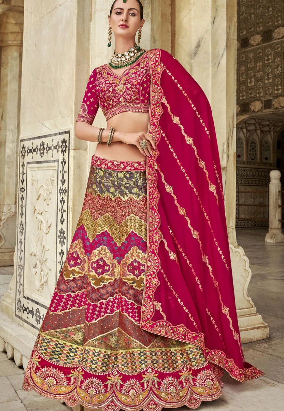 Woven Art Silk Lehenga in Multicolor