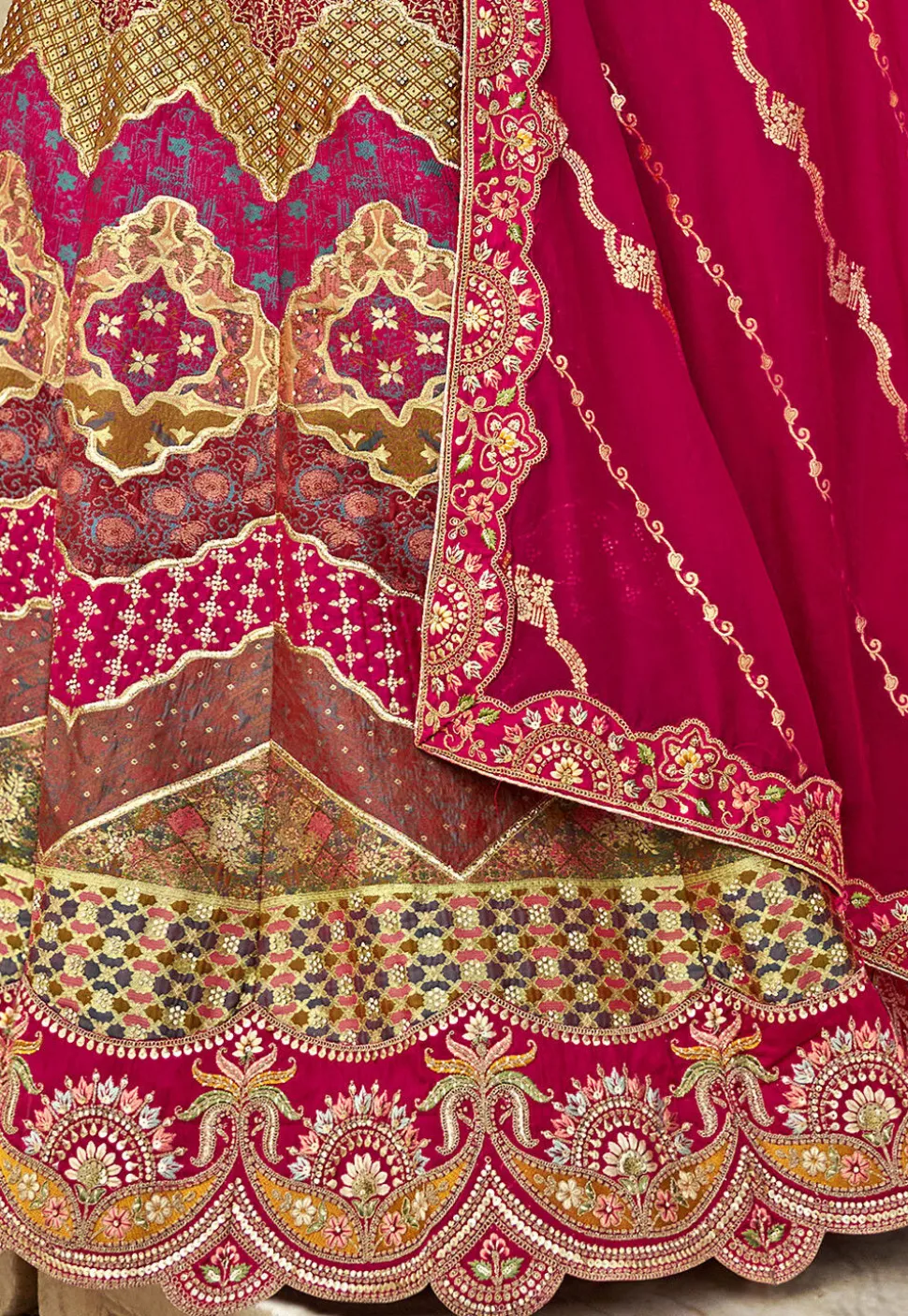Woven Art Silk Lehenga in Multicolor