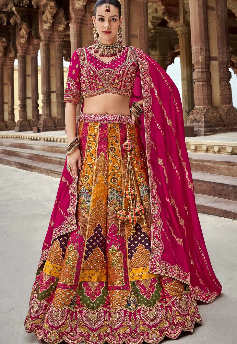 Woven Art Silk Lehenga in Multicolor