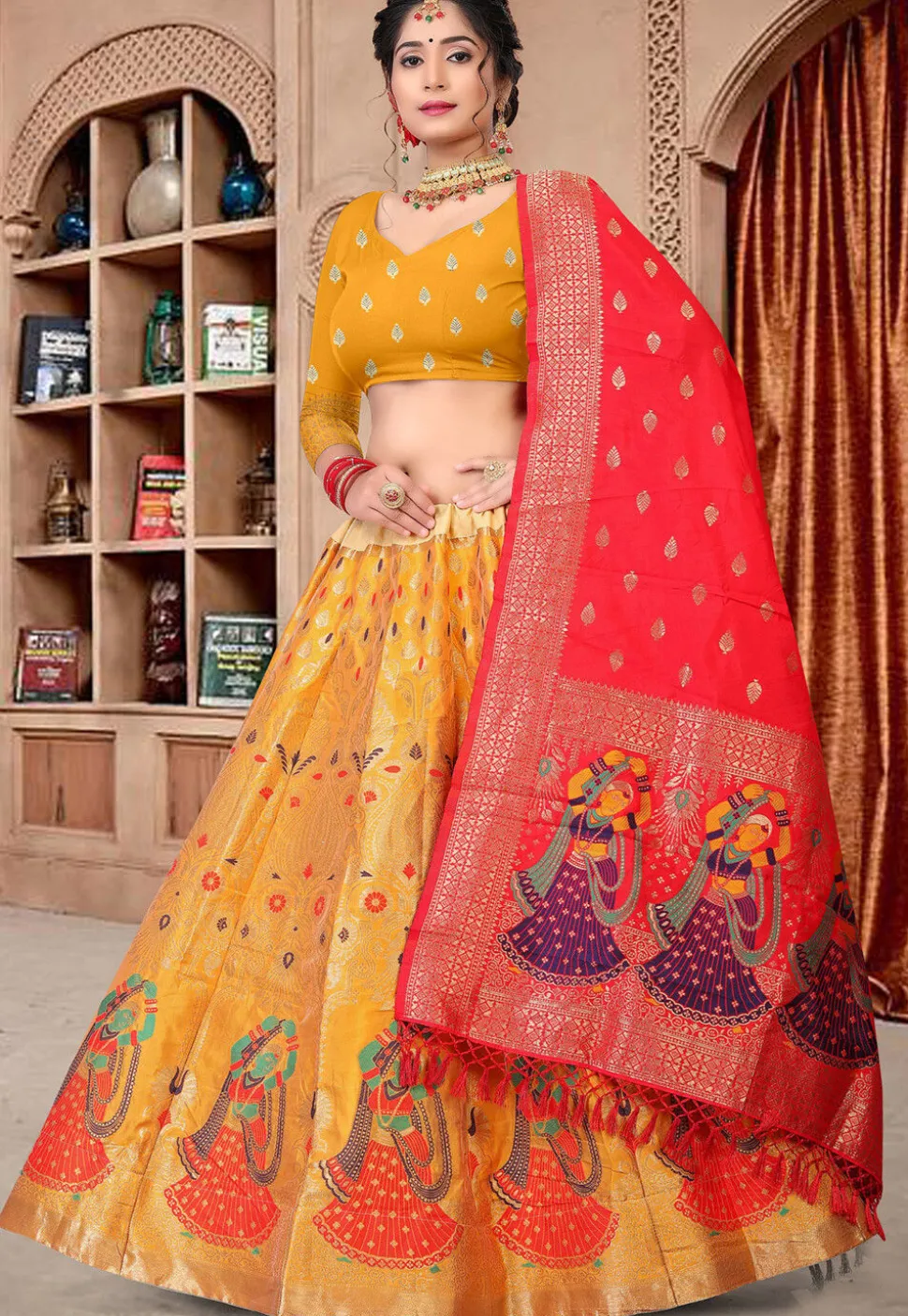 Woven Art Silk Lehenga in Mustard