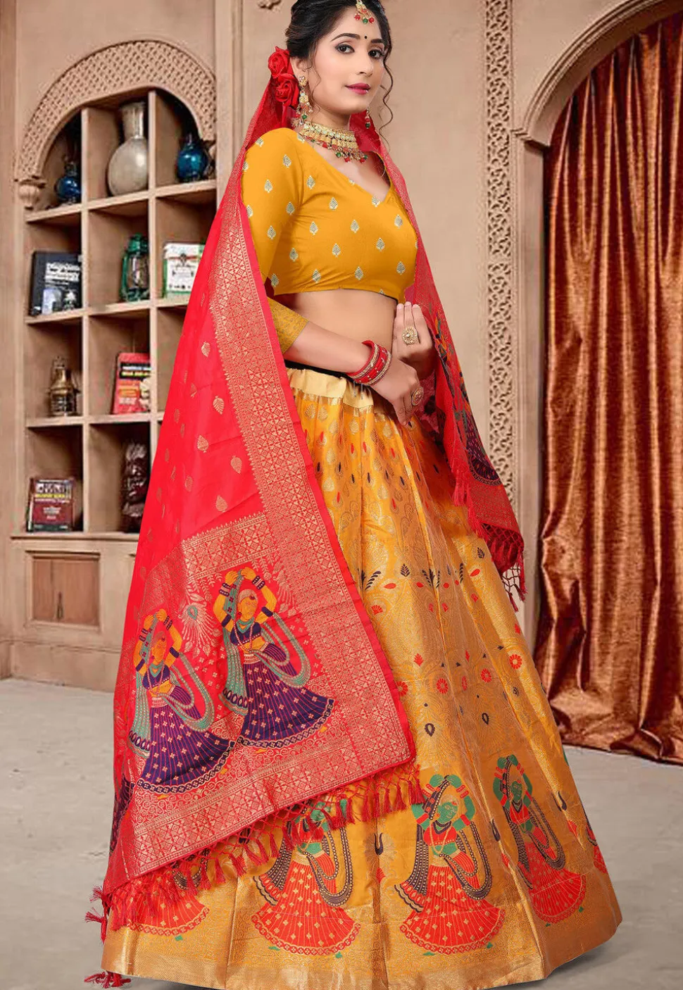 Woven Art Silk Lehenga in Mustard