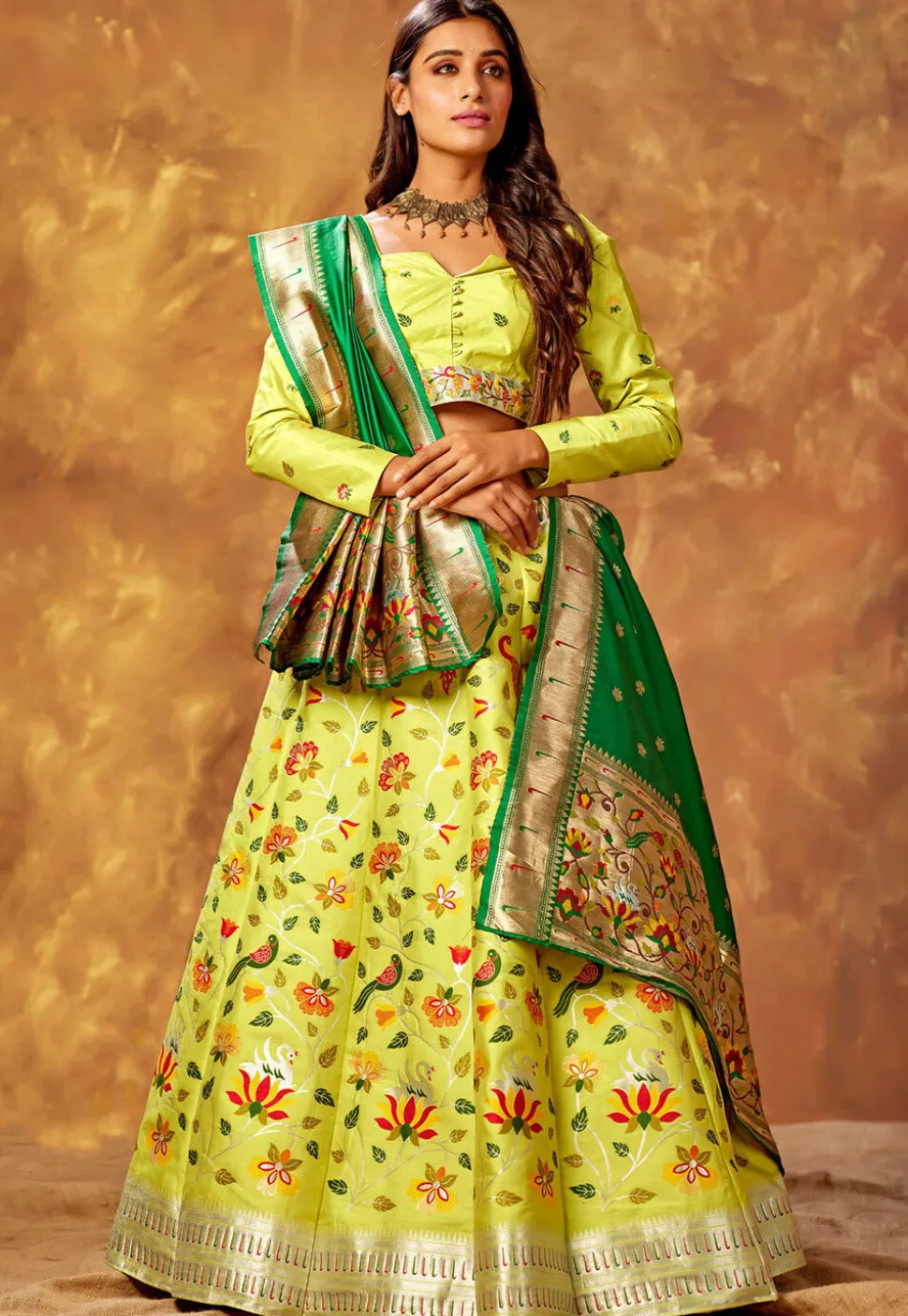 Woven Art Silk Lehenga in Light Olive Green