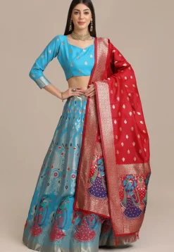 Woven Art Silk Lehenga in Sky Blue
