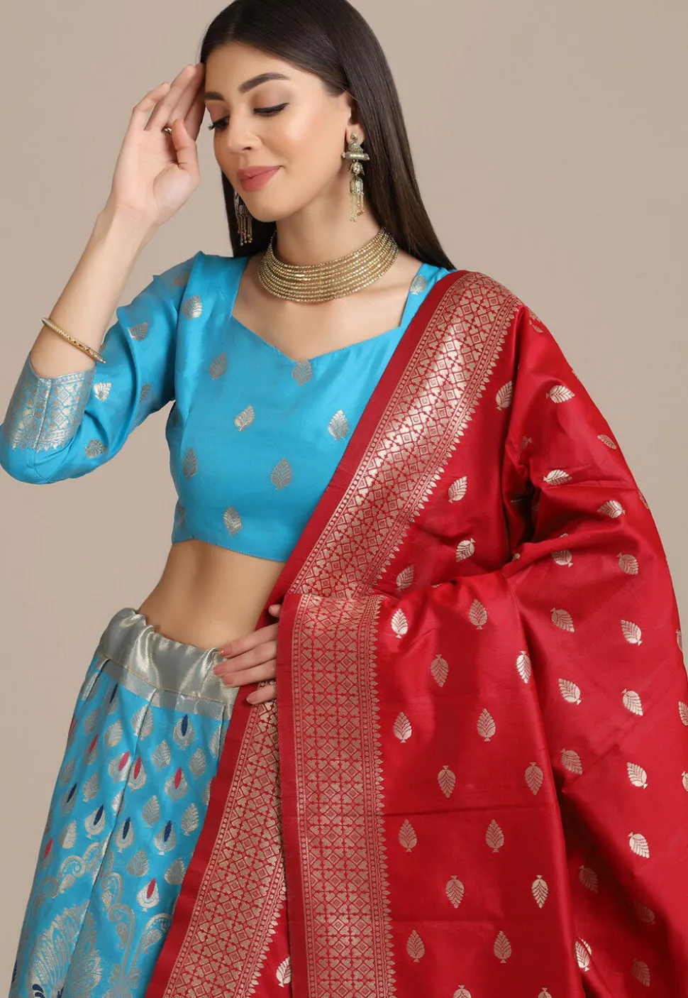 Woven Art Silk Lehenga in Sky Blue