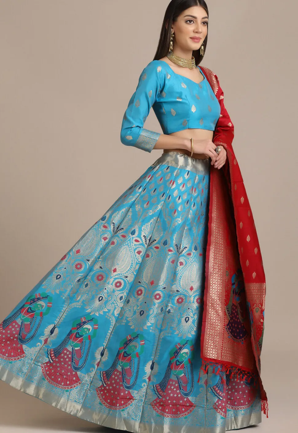 Woven Art Silk Lehenga in Sky Blue