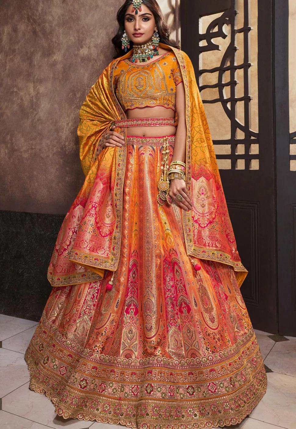 Woven Art Silk Lehenga in Orange