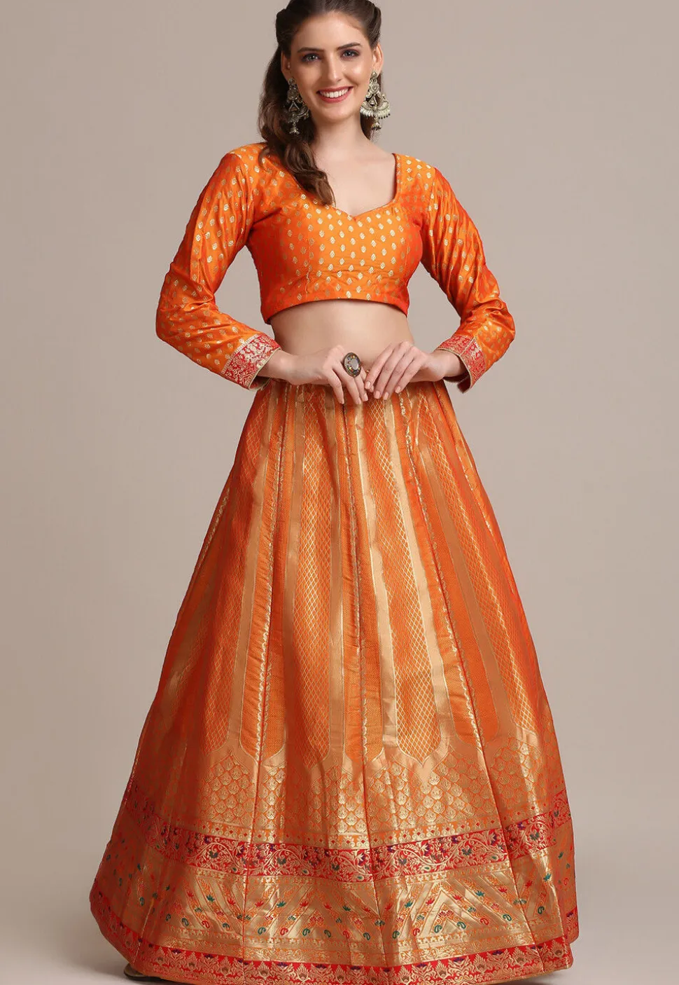 Woven Art Silk Lehenga in Orange