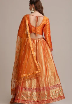 Woven Art Silk Lehenga in Orange