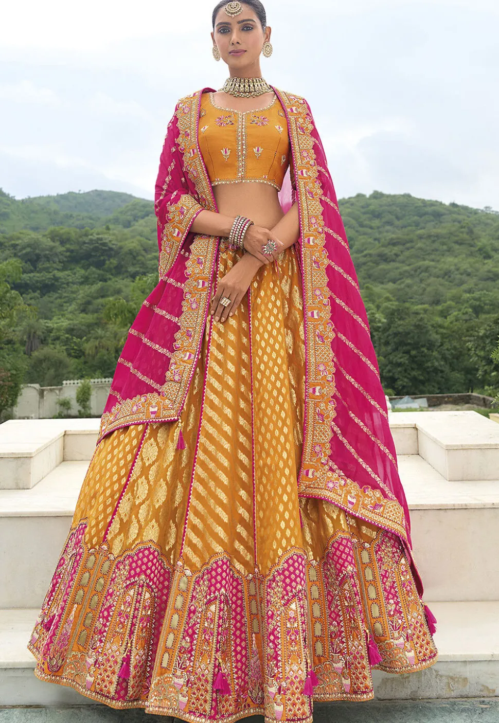 Woven Art Silk Lehenga in Mustard and Pink