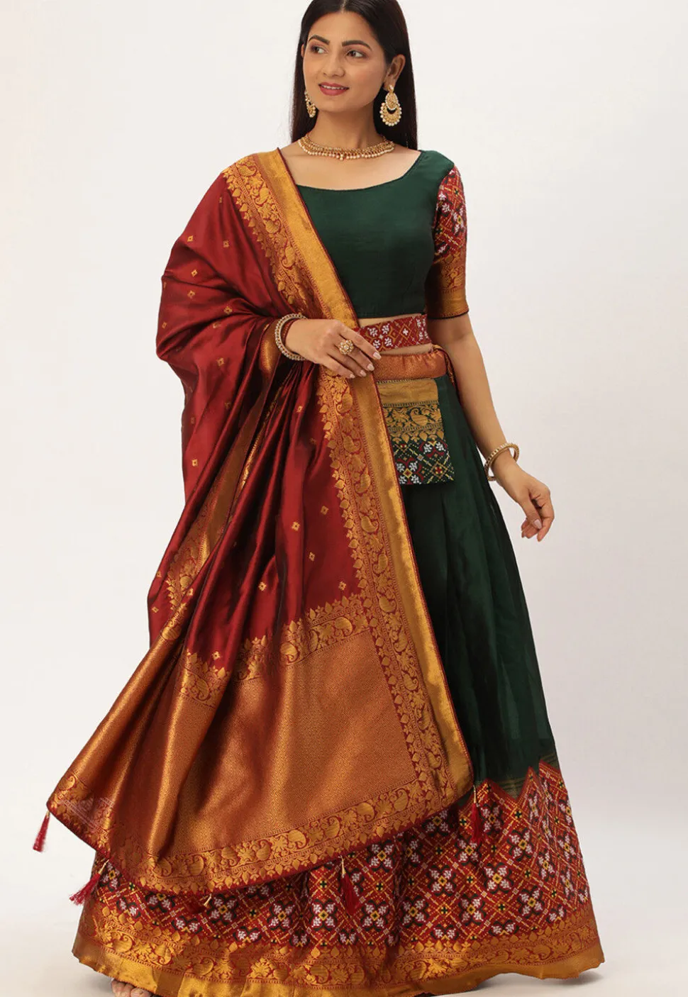 Woven Art Silk Lehenga in Dark Green