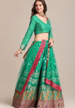 Woven Art Silk Lehenga in Sea Green