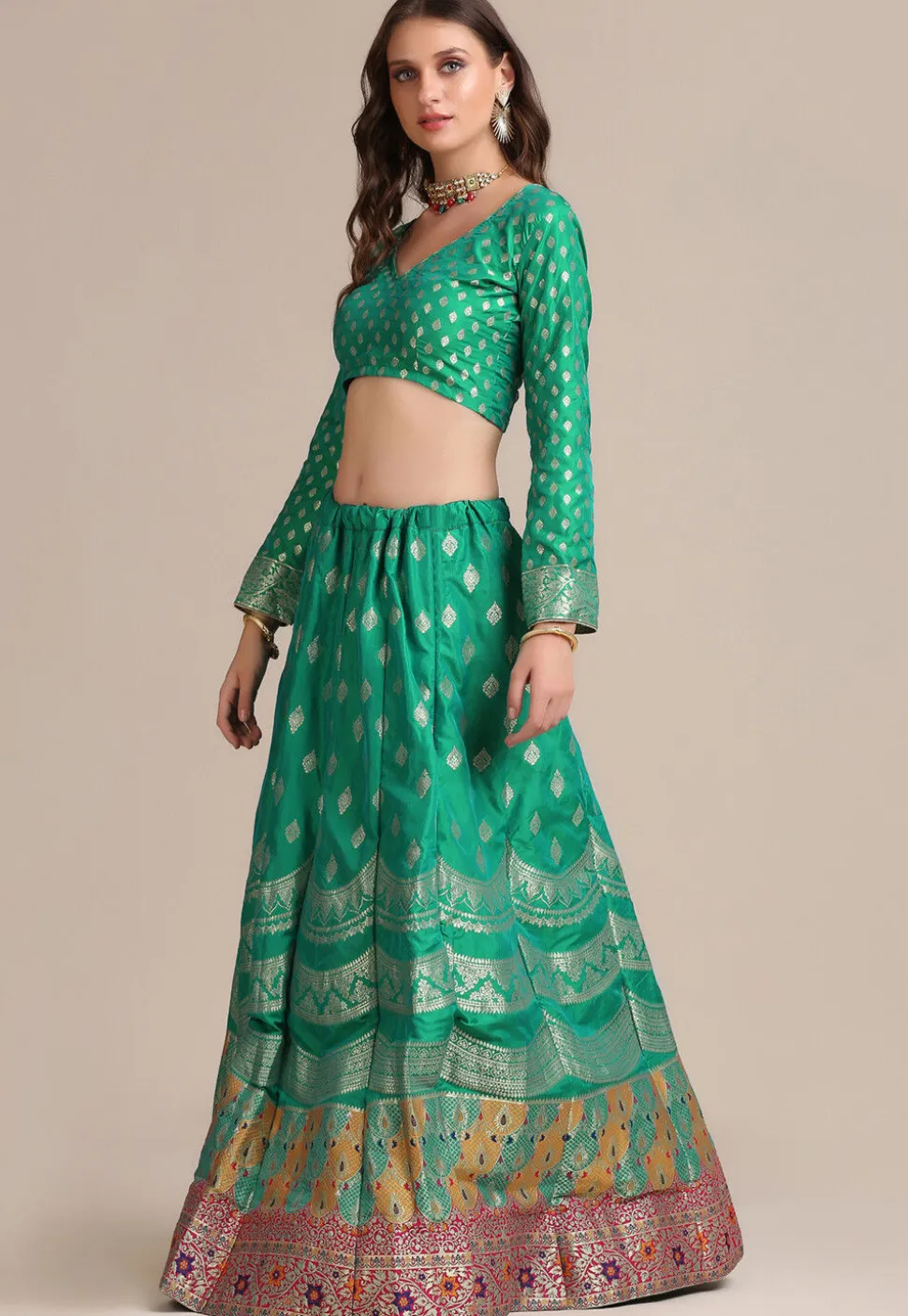 Woven Art Silk Lehenga in Sea Green