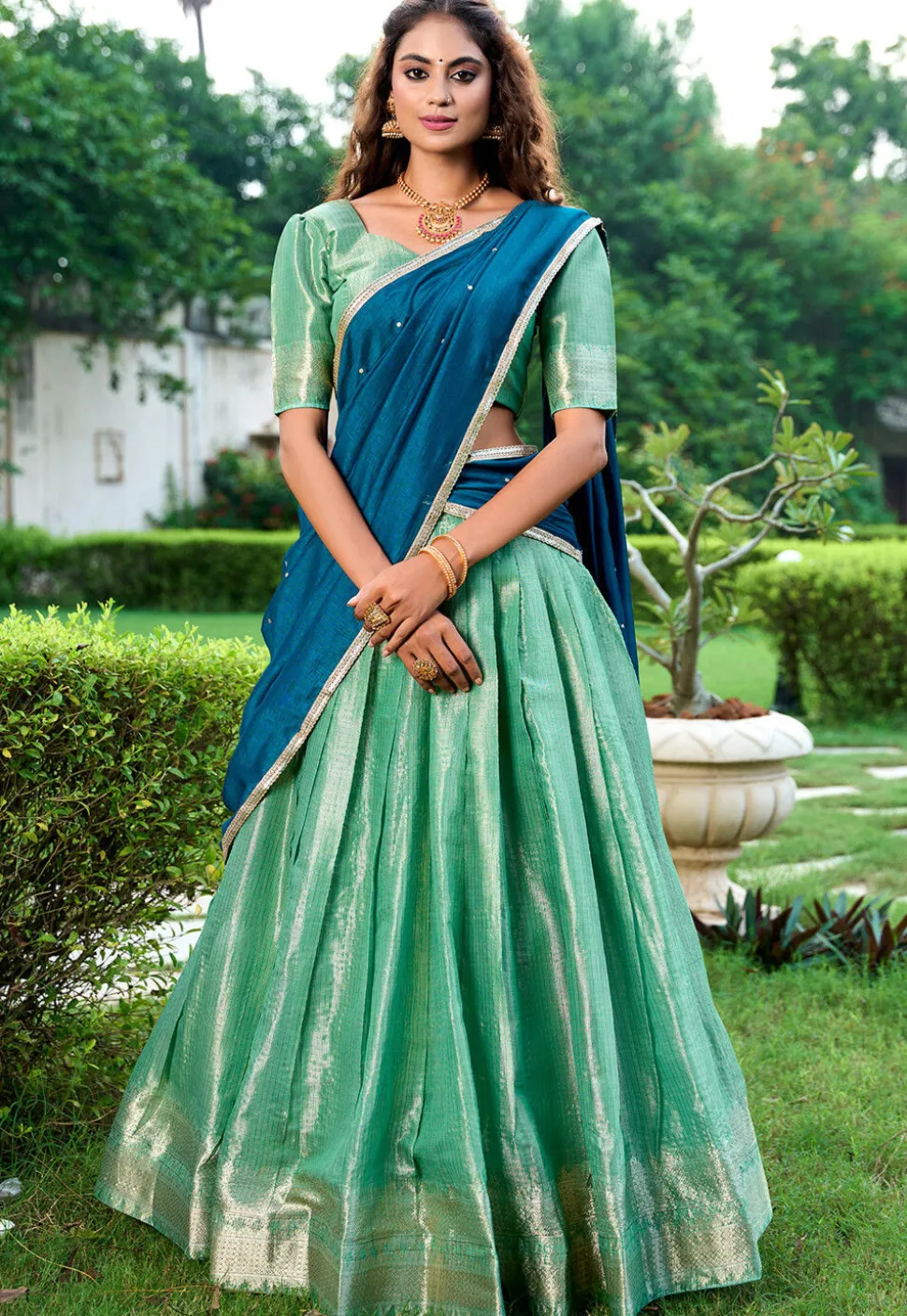 Woven Art Silk Lehenga in Sea Green