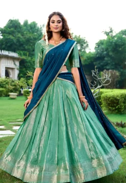 Woven Art Silk Lehenga in Sea Green