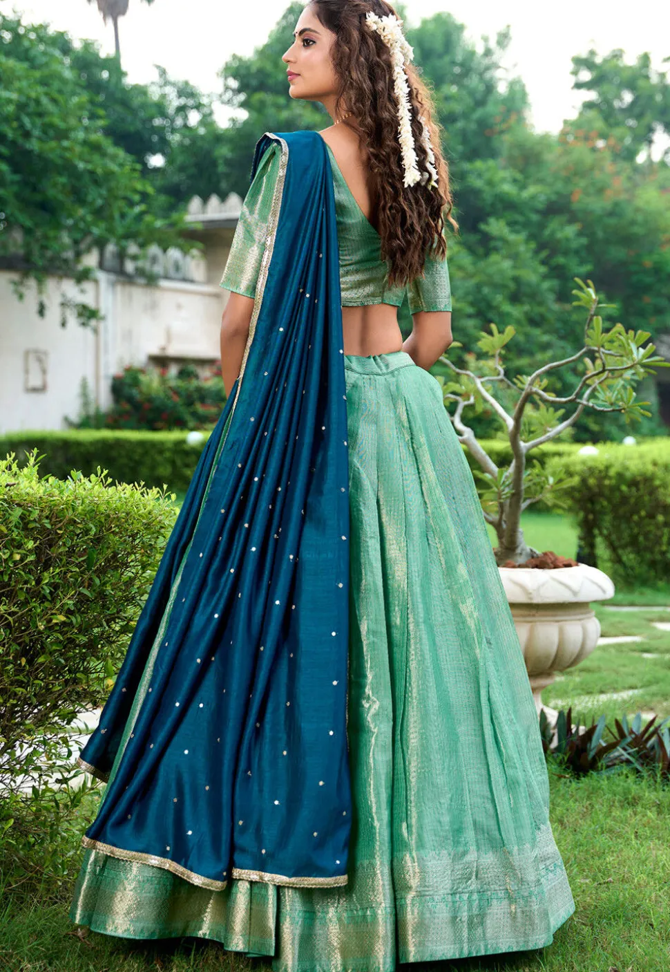 Woven Art Silk Lehenga in Sea Green