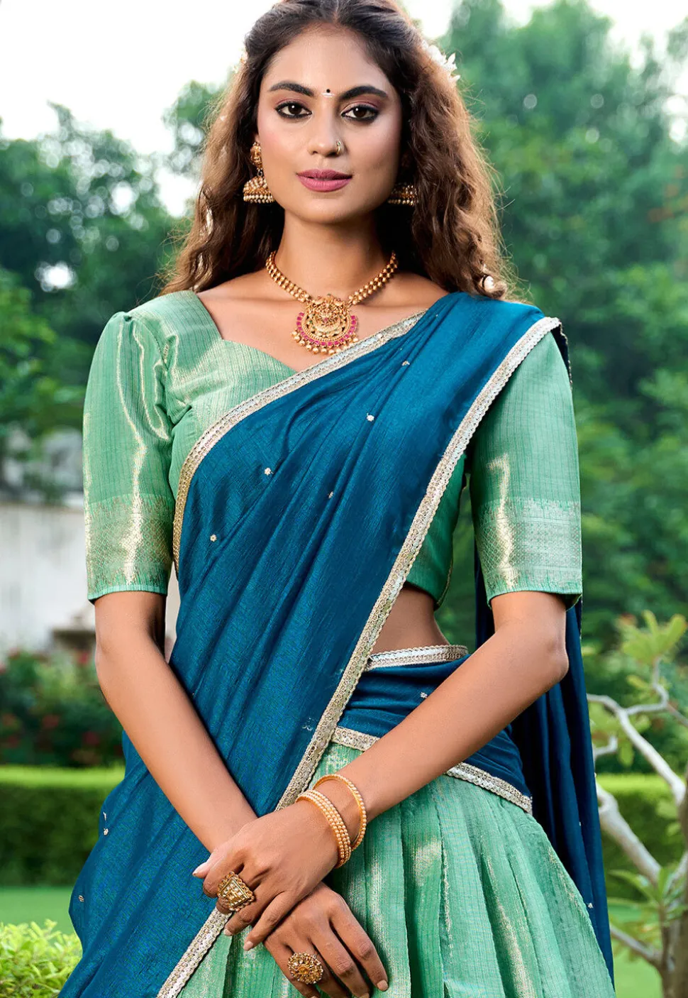 Woven Art Silk Lehenga in Sea Green