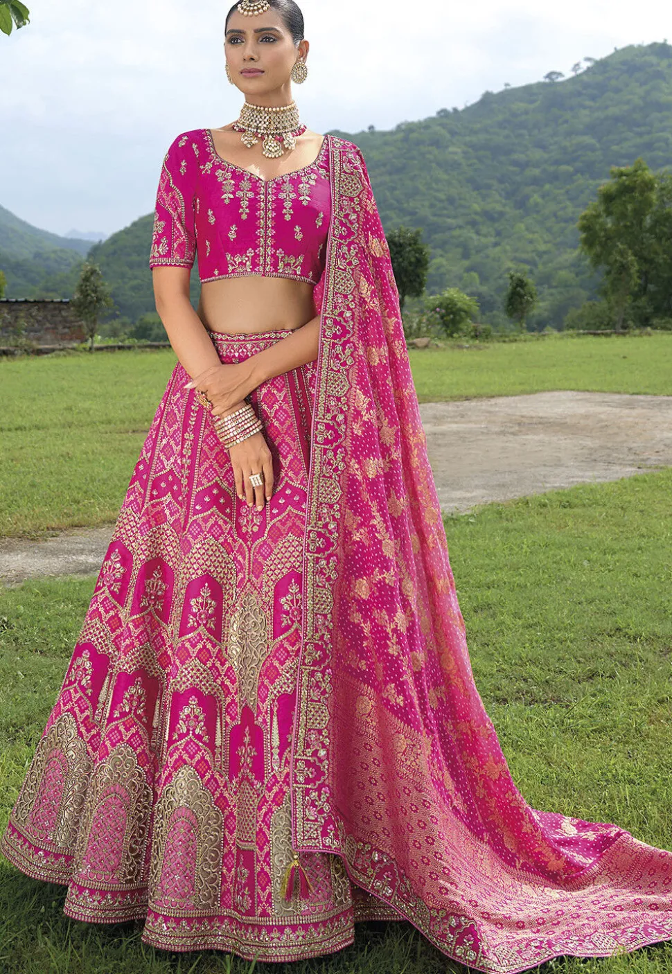 Woven Art Silk Lehenga in Fuchsia
