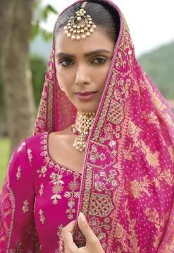 Woven Art Silk Lehenga in Fuchsia