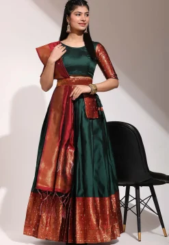 Woven Art Silk Lehenga in Dark Green