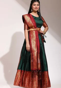 Woven Art Silk Lehenga in Dark Green