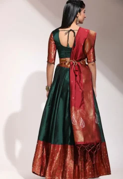 Woven Art Silk Lehenga in Dark Green