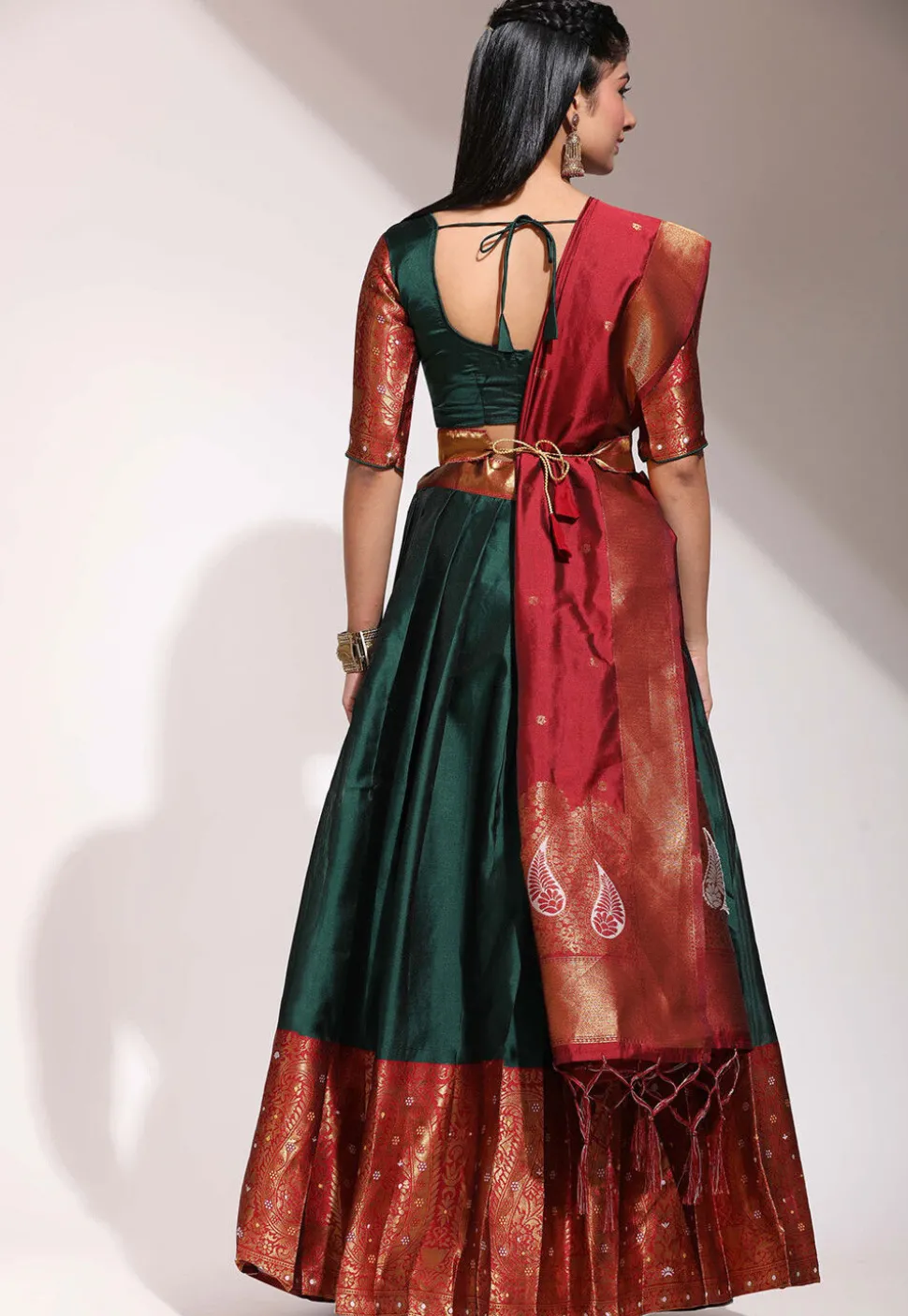 Woven Art Silk Lehenga in Dark Green