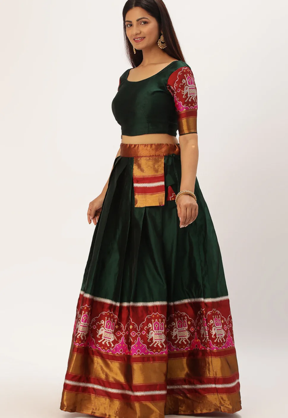 Woven Art Silk Lehenga in Dark Green