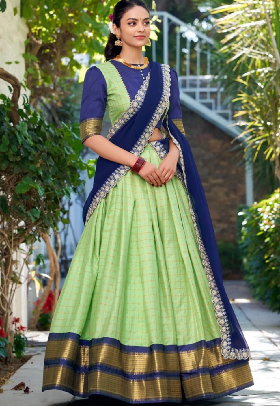 Woven Art Silk Lehenga in Light Green