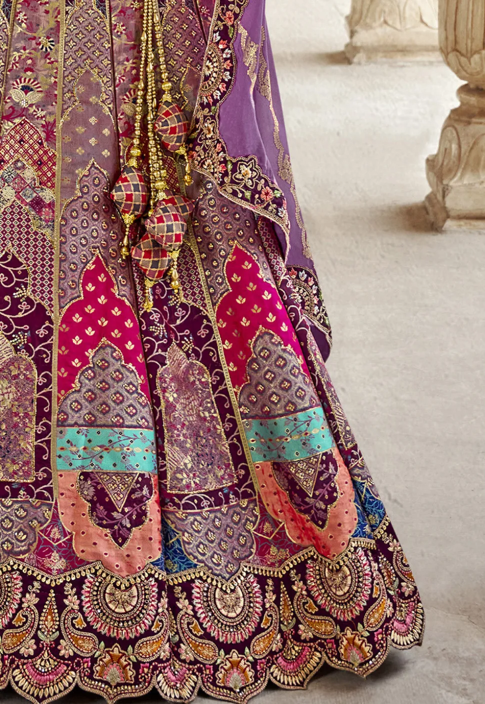 Woven Art Silk Lehenga in Multicolor