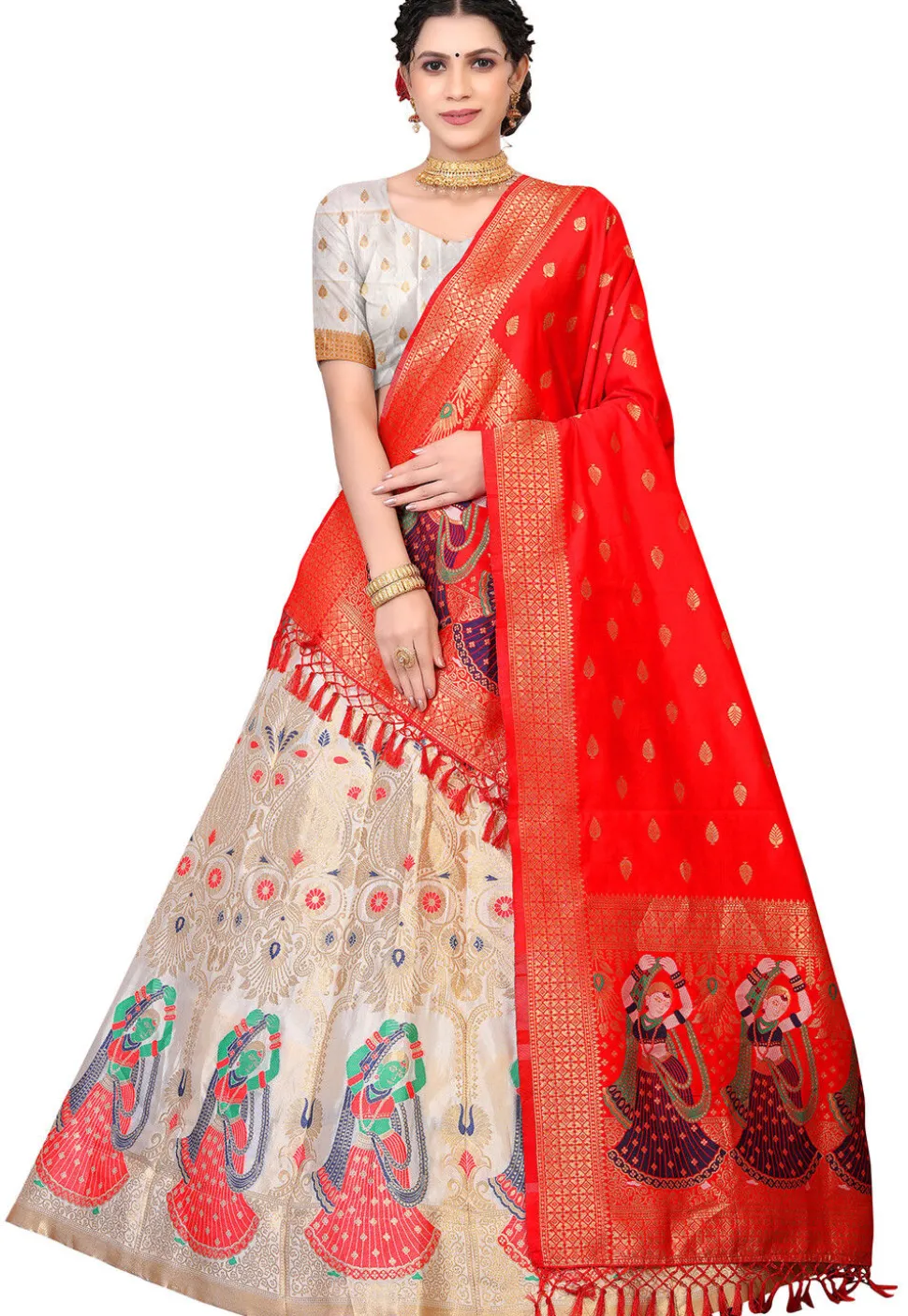 Woven Art Silk Lehenga in Off White