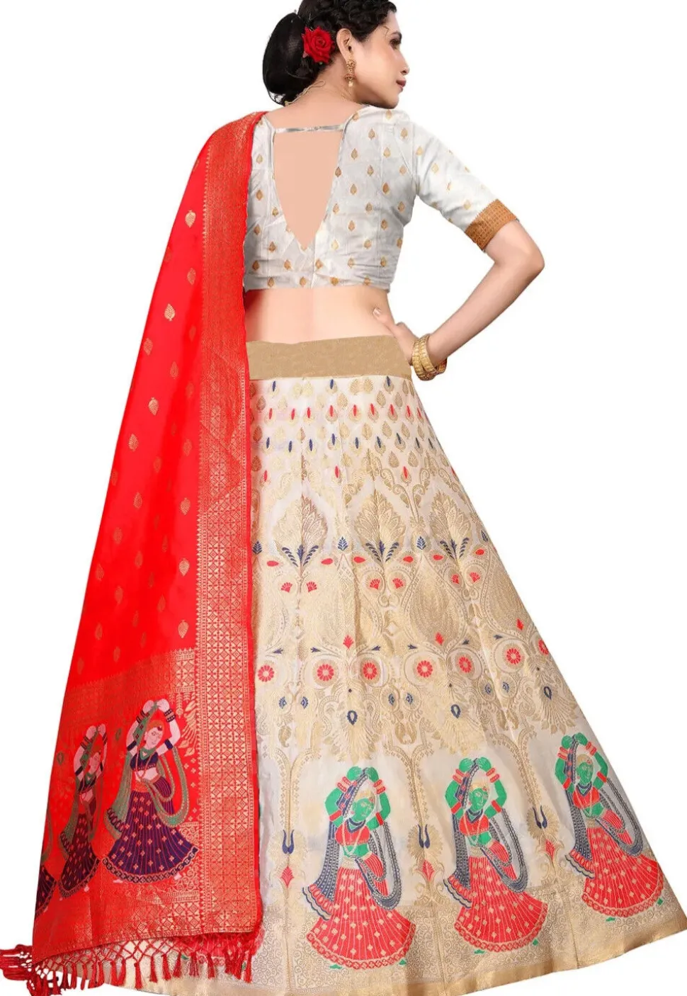 Woven Art Silk Lehenga in Off White