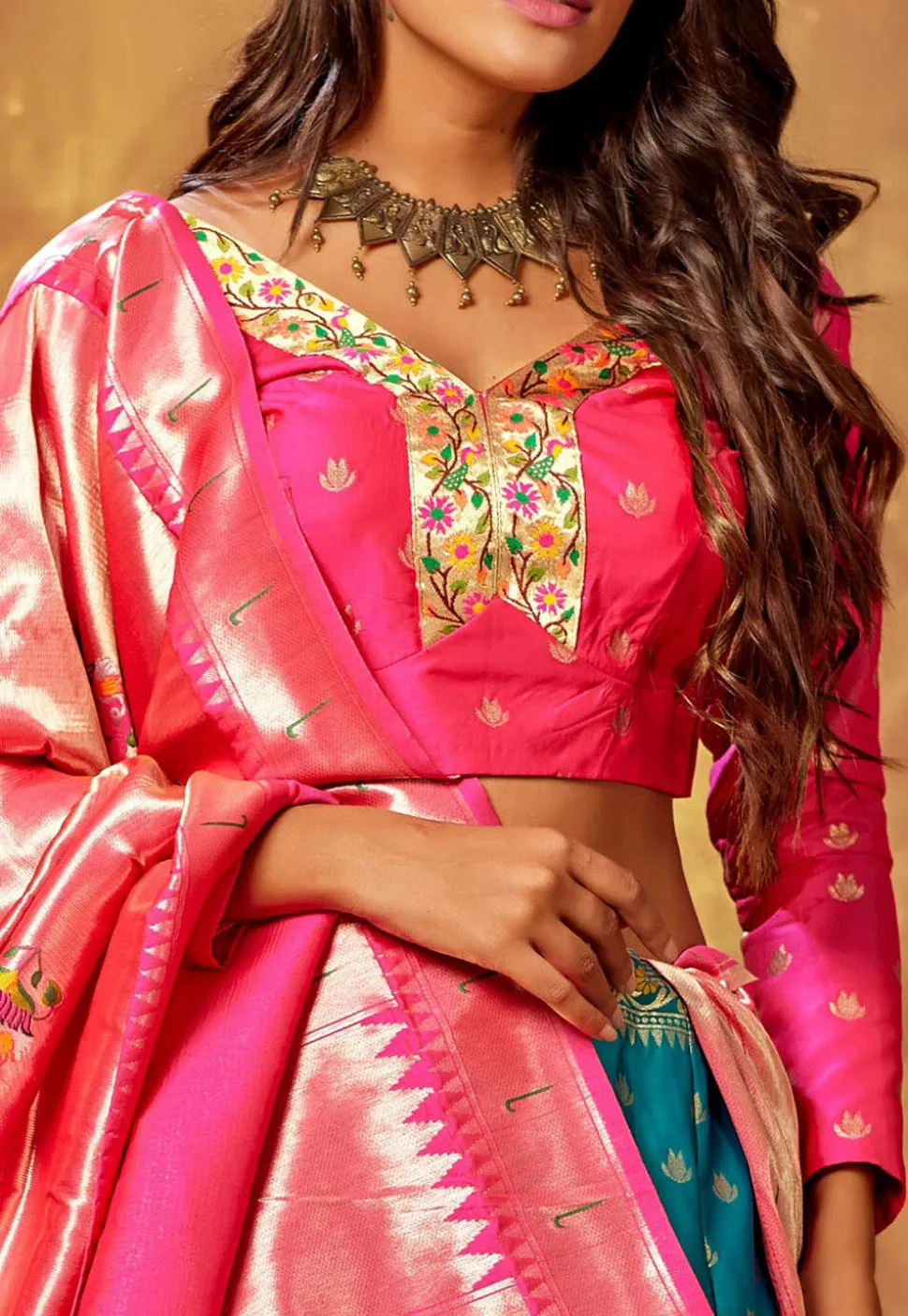 Woven Art Silk Lehenga in Teal Blue