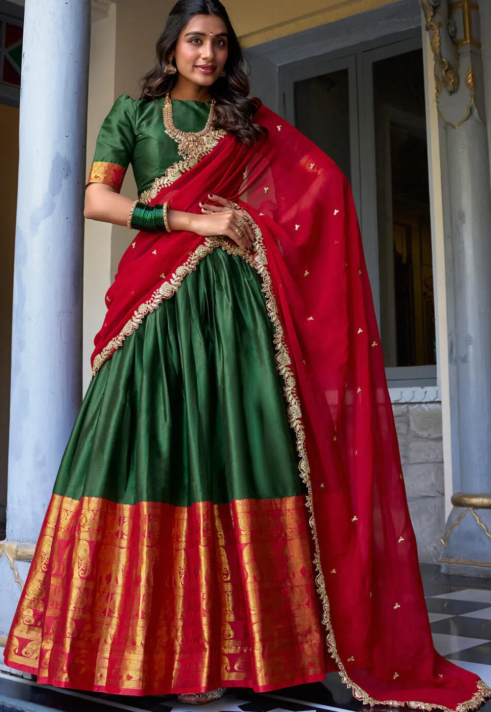 Woven Art Silk Lehenga in Green