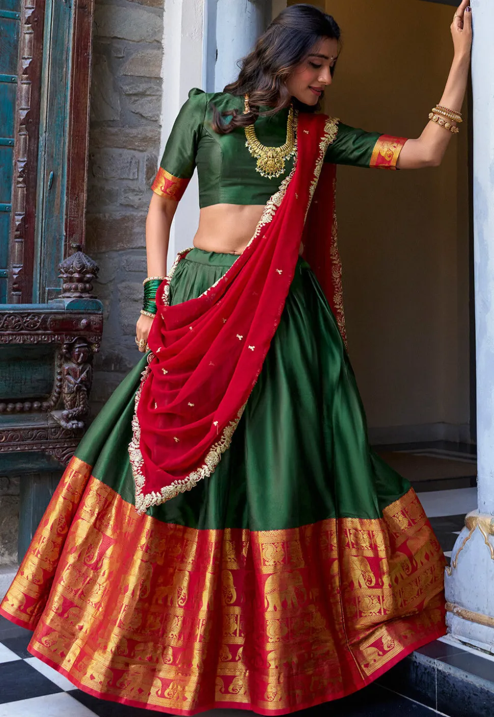 Woven Art Silk Lehenga in Green