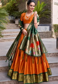 Woven Art Silk Lehenga in Orange