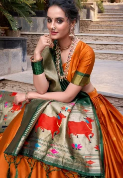 Woven Art Silk Lehenga in Orange