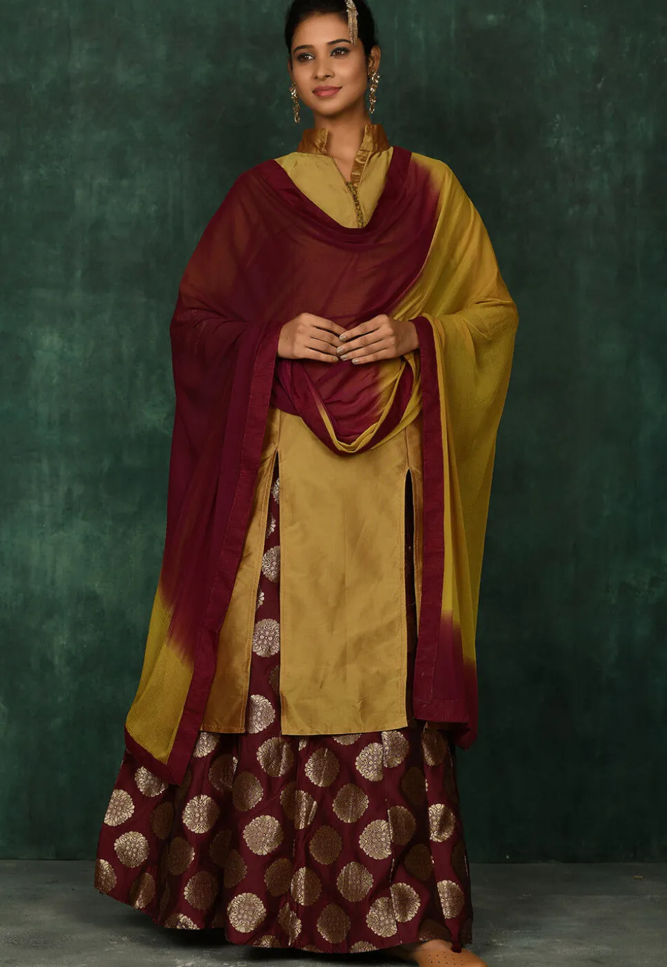 Woven Art Silk Lehenga in Mustard