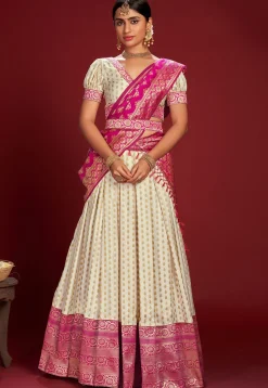 Woven Art Silk Lehenga in Off White