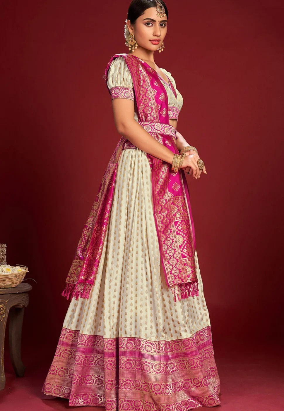 Woven Art Silk Lehenga in Off White