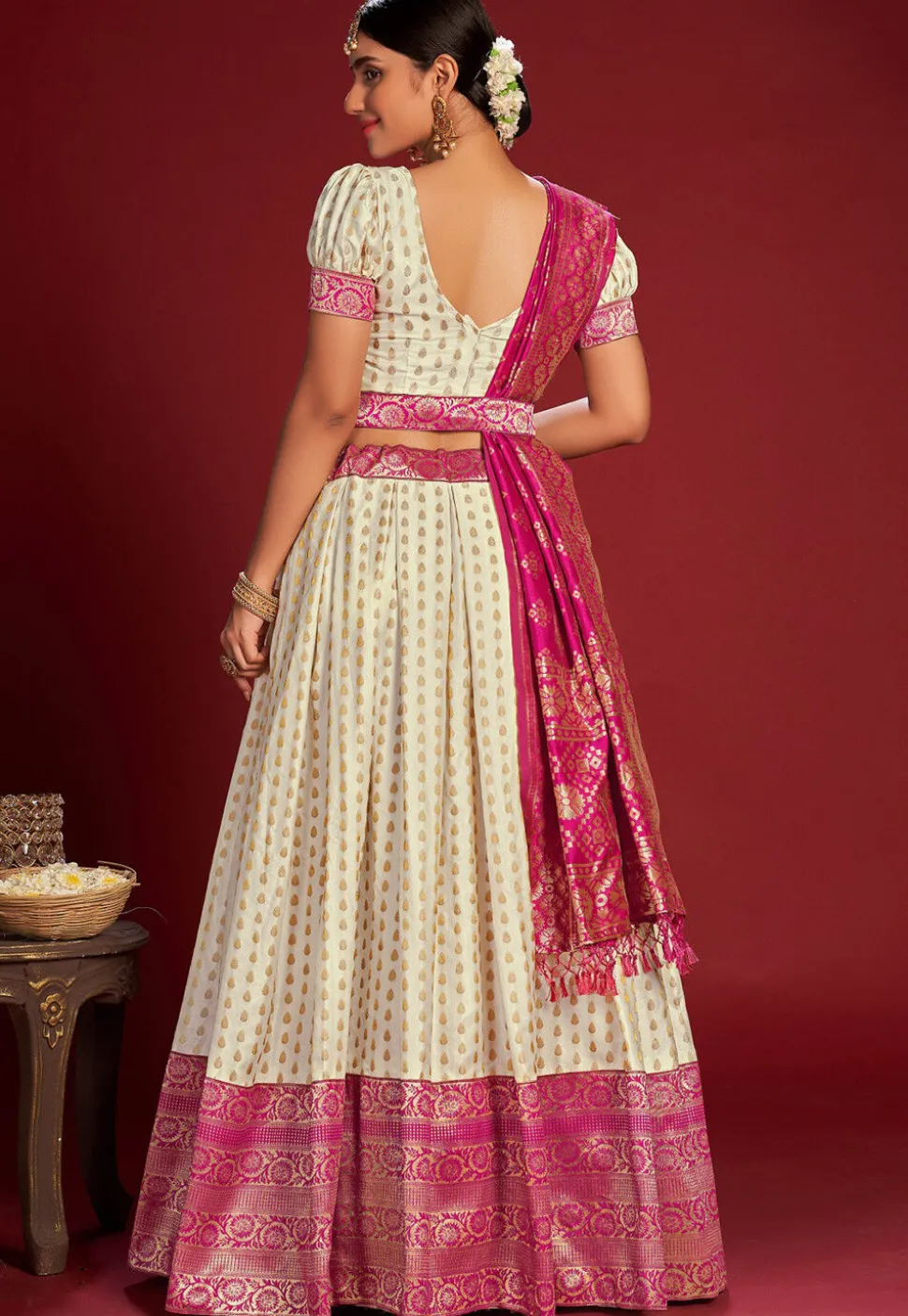 Woven Art Silk Lehenga in Off White
