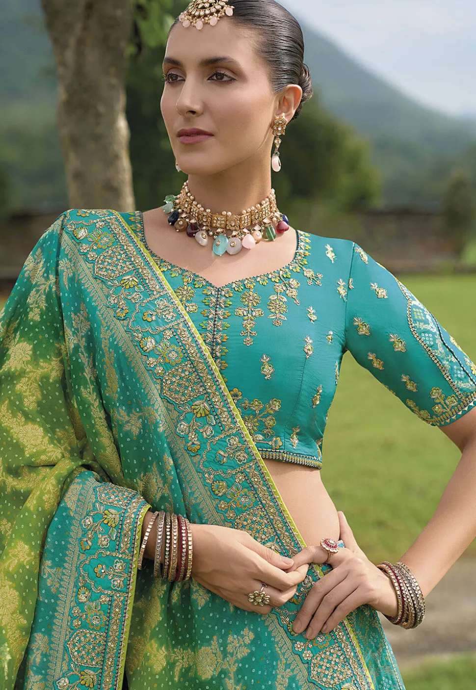 Woven Art Silk Lehenga in Turquoise
