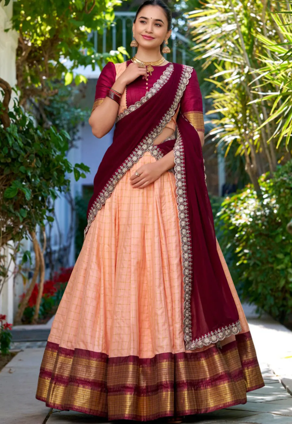 Woven Art Silk Lehenga in Peach