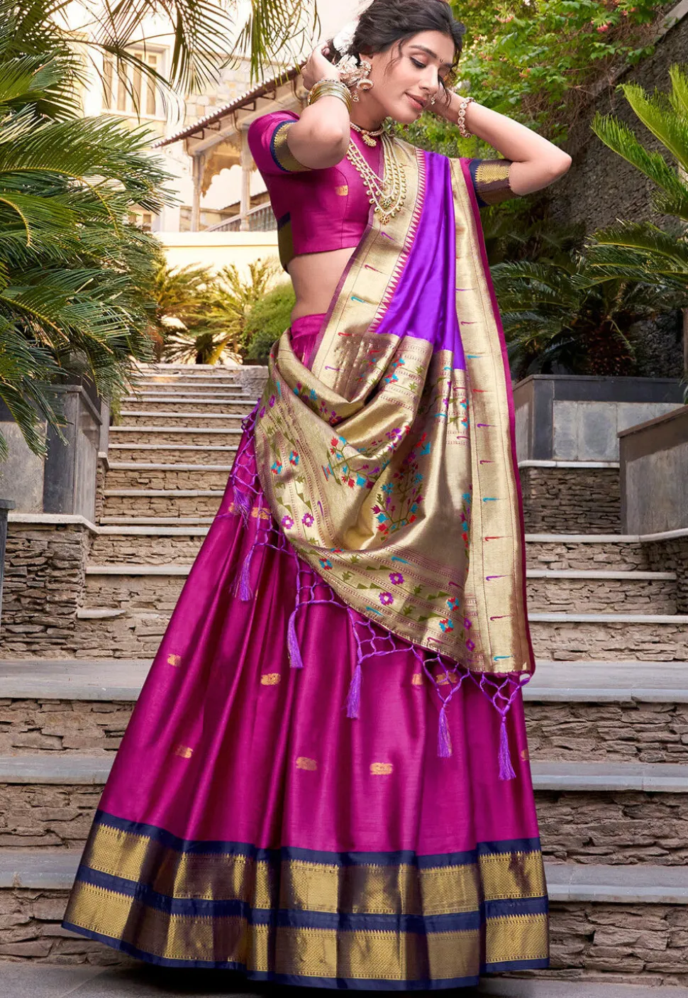 Woven Art Silk Lehenga in Magenta