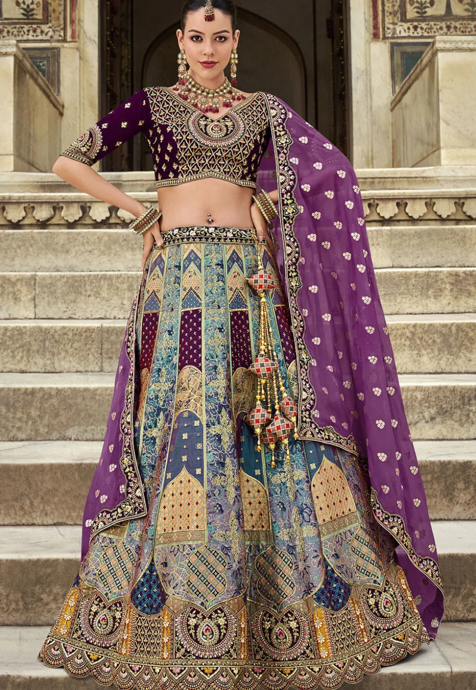 Woven Art Silk Lehenga in Multicolor