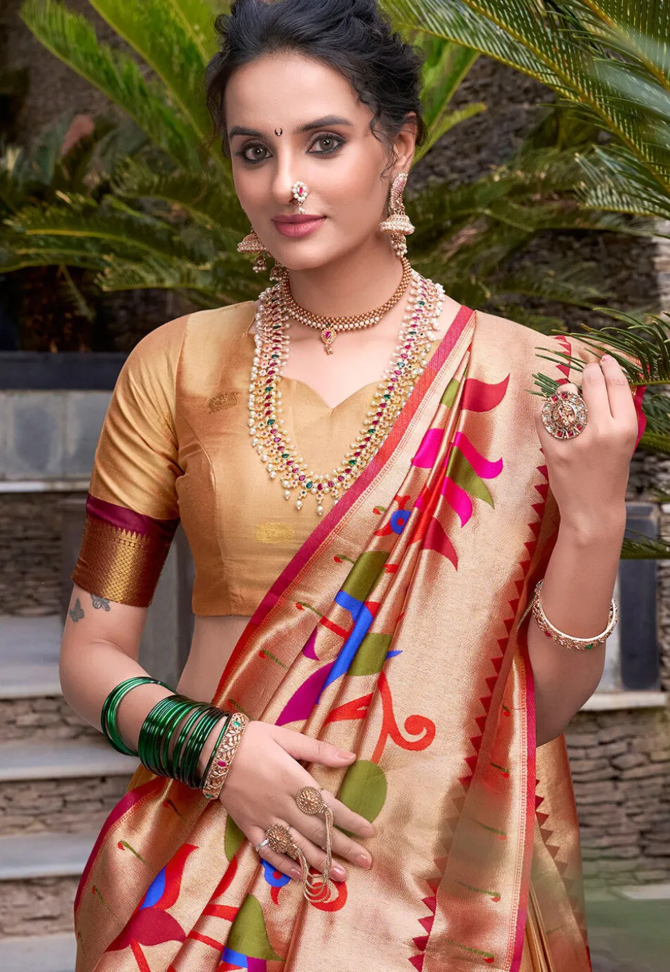Woven Art Silk Lehenga in Beige