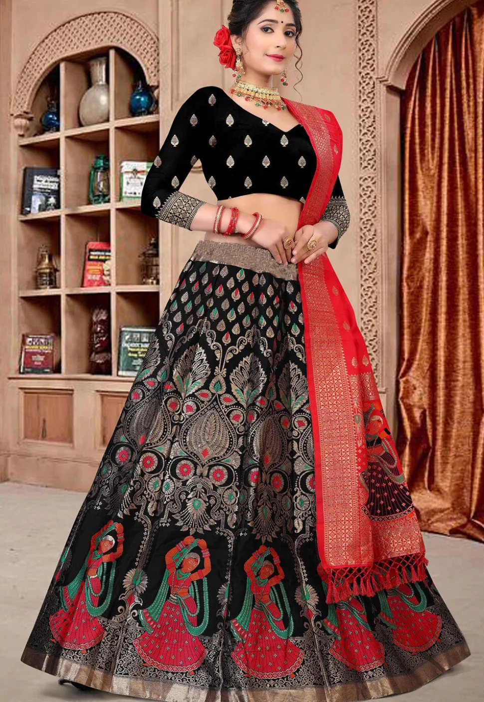 Woven Art Silk Lehenga in Black