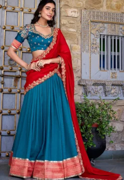 Woven Art Silk Lehenga in Teal Blue