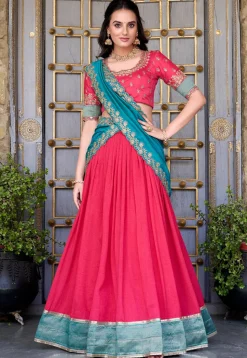 Woven Art Silk Lehenga in Pink