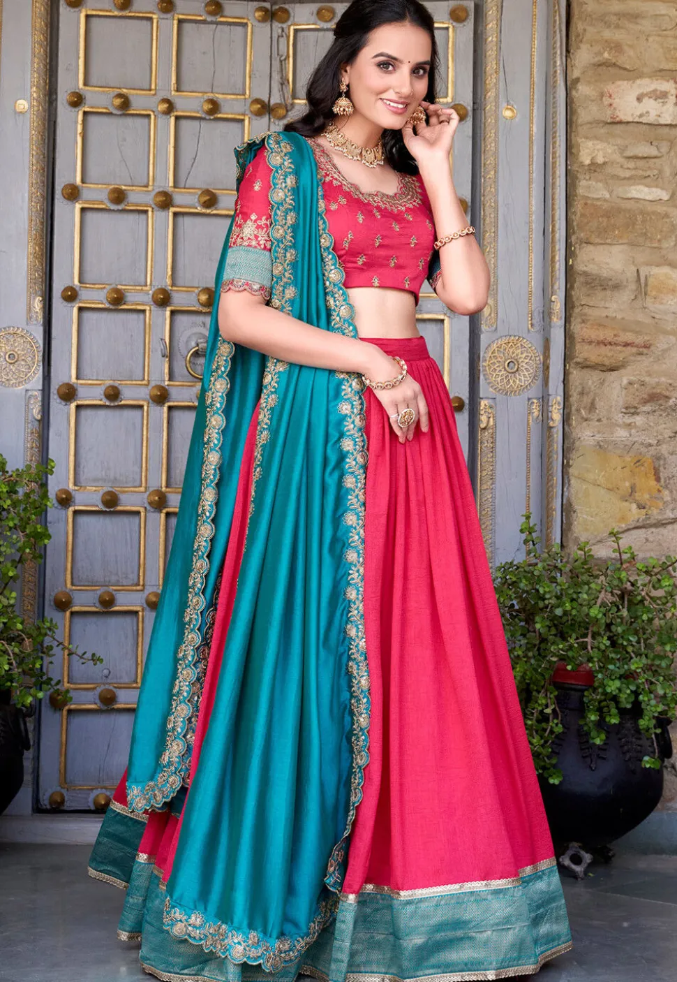 Woven Art Silk Lehenga in Pink