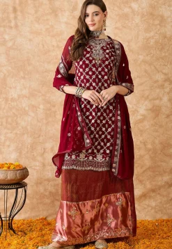Woven Art Silk Lehenga in Maroon